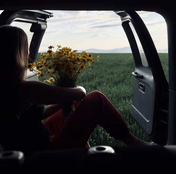 一个女孩的剪影与花在一辆汽车的后备箱在背景光图片下载