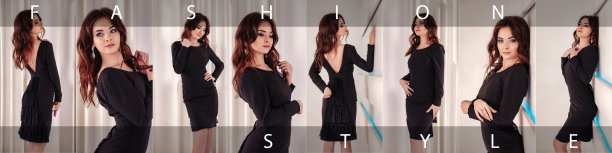 可爱的封面女士穿着时尚的黑色连衣裙在白色的工作室里摆姿势的一组照片，时尚的图像集发布。优雅奢华的情感女人模特造型。时尚时尚词。复制广告位海报图片下载
