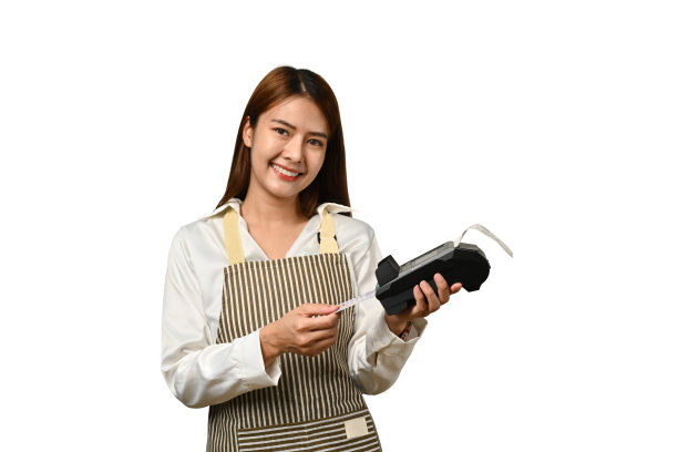 微笑的女服务员拿着白色背景的信用卡和支付终端。电子货币，非接触式支付理念。图片下载