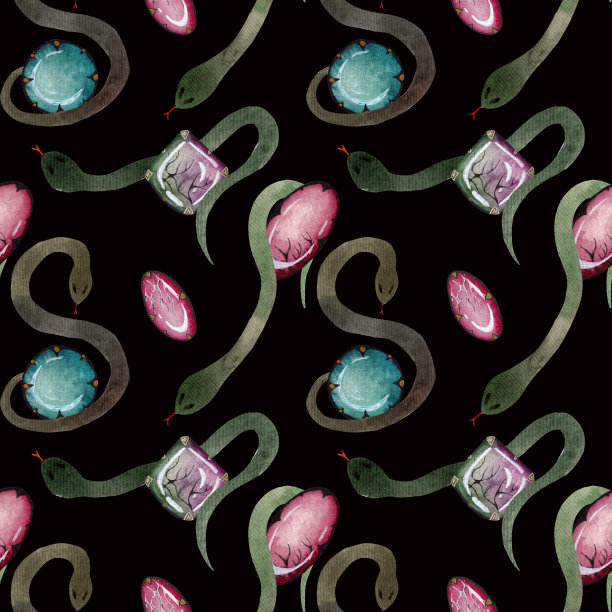 水彩无缝图案与蛇和彩色宝石在黑暗的背景。图片下载