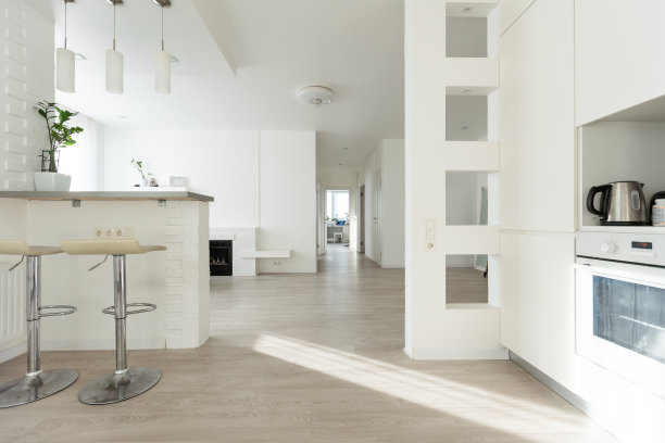 现代明亮的餐厅斯堪的纳维亚室内设计3d插图图片下载