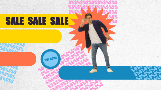 当代艺术拼贴。年轻人无意中听到大减价的消息。线上线下购物图片下载