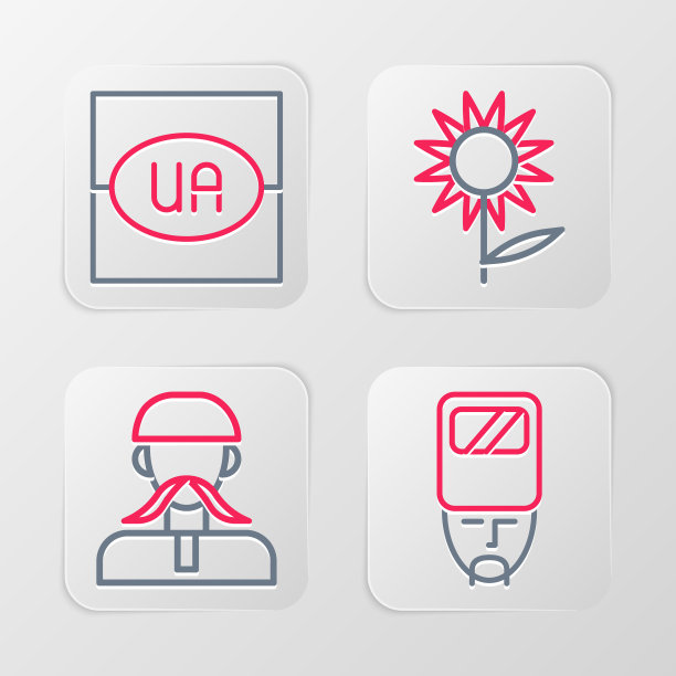 设置线乌克兰哥萨克，向日葵和国旗的乌克兰图标。向量图片下载