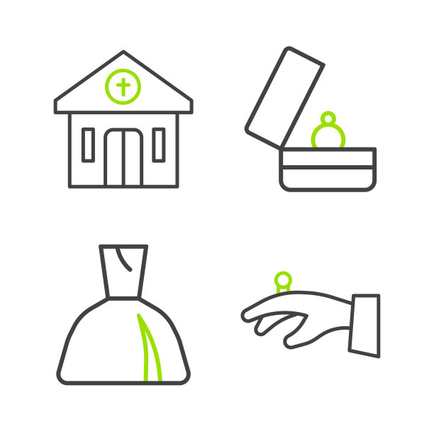 结婚戒指在手，女人的衣服，和教堂建筑的标志。向量图片下载