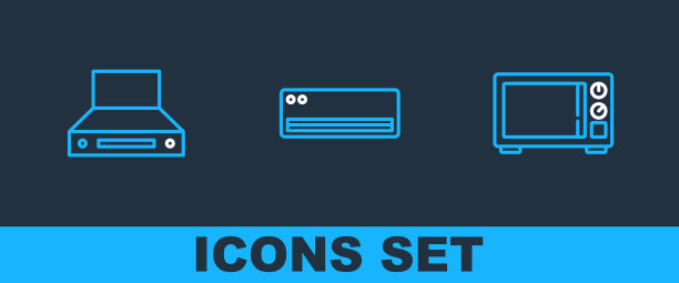 设置线微波炉，厨房抽风机和空调图标。向量图片下载