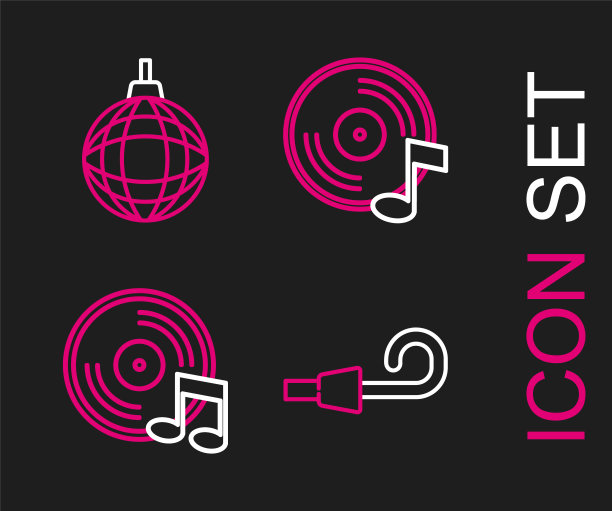 设置生日派对喇叭、黑胶唱片和迪斯科球图标矢量图图片下载