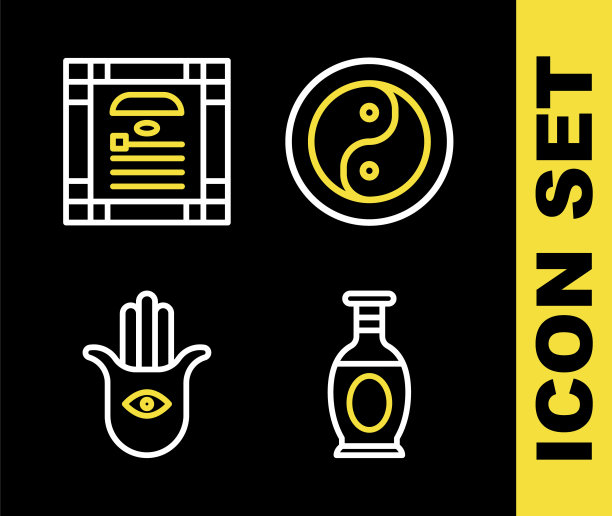 集阴阳线，印度花瓶，哈姆萨手和宪法日图标。向量图片下载