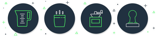 设置线咖啡杯，手动咖啡研磨机，水壶玻璃与水和篡改图标。向量图片下载