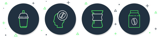 设置线咖啡师，倒咖啡机，咖啡杯和袋装豆子图标。向量图片下载