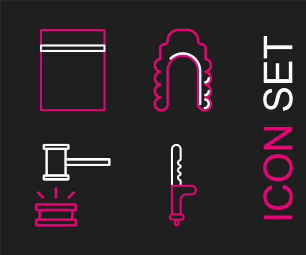 警察橡胶警棍、法官木槌、假发和带拉链的塑料袋图标矢量图图片下载