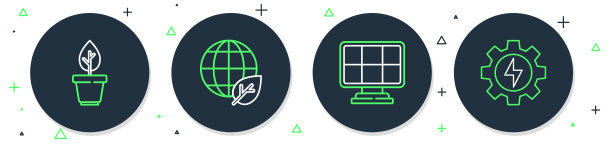 设置线地球和叶片，太阳能板，植物在锅和齿轮闪电图标。向量图片下载