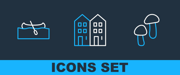 设置线蘑菇，皮划艇或独木舟和房子的图标。向量图片下载