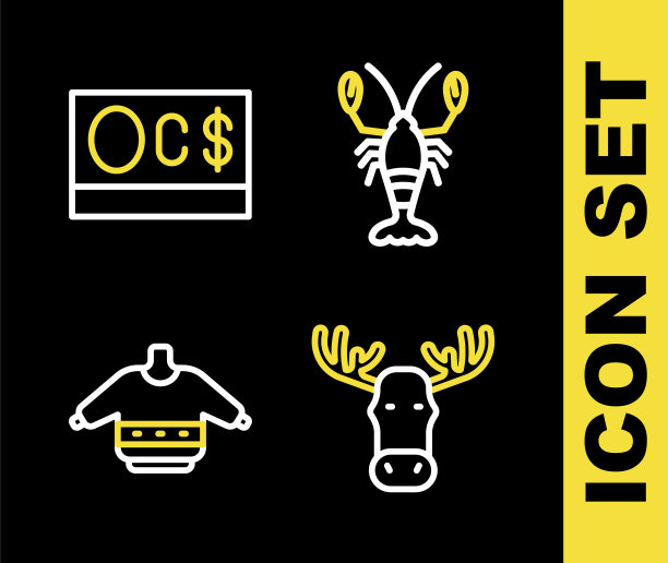 设线龙虾，驼鹿头与角，圣诞毛衣和加拿大元图标。向量图片下载