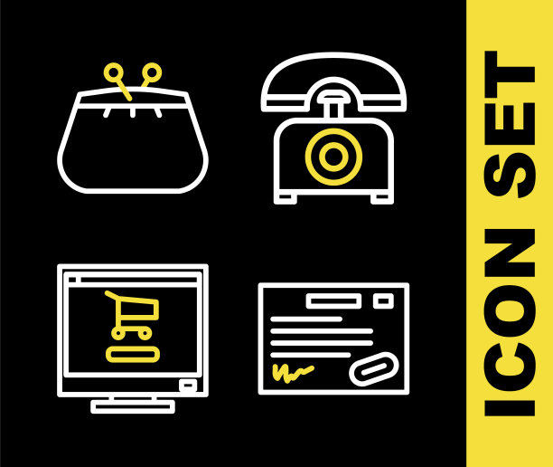 设置线路电话，保修证书模板，购物车电脑和钱包图标。向量图片下载