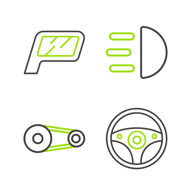 设置线方向盘，正时皮带套件，远光灯和汽车后视镜图标。向量图片下载