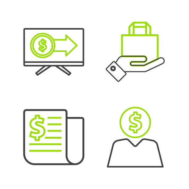 设置线商人策划头脑，金融新闻，手和纸购物袋和监视器与美元图标。向量图片下载