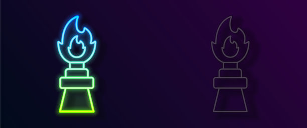 发光的霓虹灯线石油钻机与火图标孤立的黑色背景。火灾事故。气塔。工业对象。向量图片下载