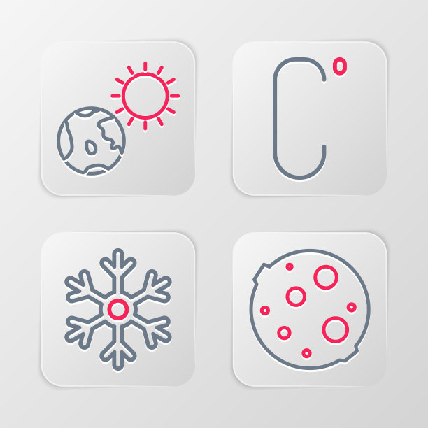 设置线月亮，雪花，摄氏和地球地球仪和太阳图标。向量图片下载