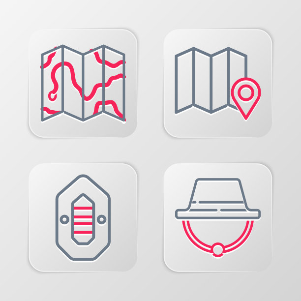 设置线野营帽，漂流船，森林的位置在地图和图标。向量图片下载