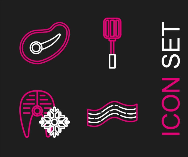 设定线培根条纹，新鲜冷冻鱼牛排，锅铲和牛排肉图标。向量图片下载