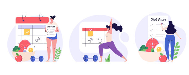 饮食计划插图集。妇女计划饮食以日历和新鲜蔬菜。收集膳食计划，营养咨询，均衡饮食。人们控制体重。矢量平面卡通设计图片下载
