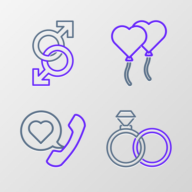 设线婚戒、电话带心语泡泡、气球形式及男性性别象征图标。向量图片下载