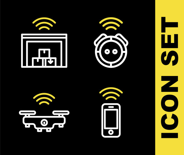 系列机器人吸尘器，无线智能手机，智能无人机和仓库图标。向量图片下载