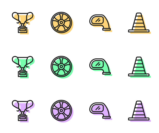 集线汽车镜子，奖杯，合金车轮为汽车和交通锥图标。向量图片下载