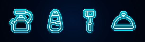 设置线水壶，带手柄，盐，厨房锤和有盖的食物托盘。发光的霓虹灯图标。向量图片下载
