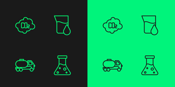 设置线石油汽油试管，油罐车，二氧化碳排放云和图标。向量图片下载