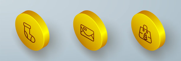 设定等距线圣诞袜，信封和购物袋图标。向量图片下载