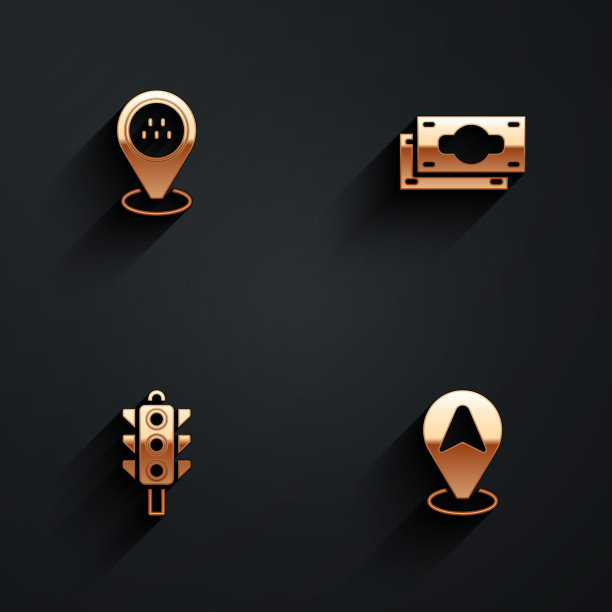 设置位置出租车，堆纸币现金，交通灯和长阴影图标。向量图片下载