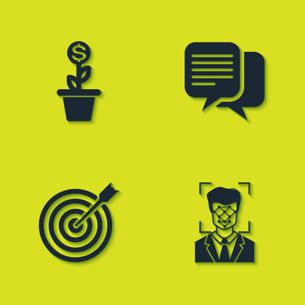 设置美元植物在锅，人脸识别，目标与箭头和聊天图标。向量图片下载