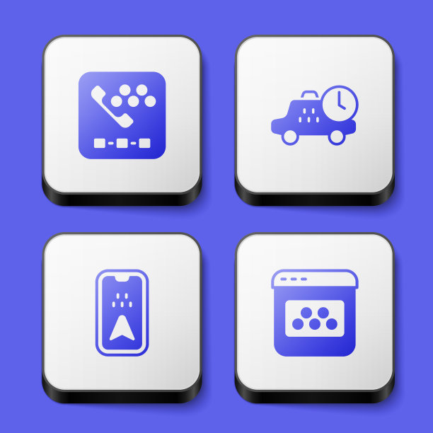 设置出租车呼叫电话服务，等待时间，城市地图信息图和手机应用图标。白色方形按钮。向量图片下载