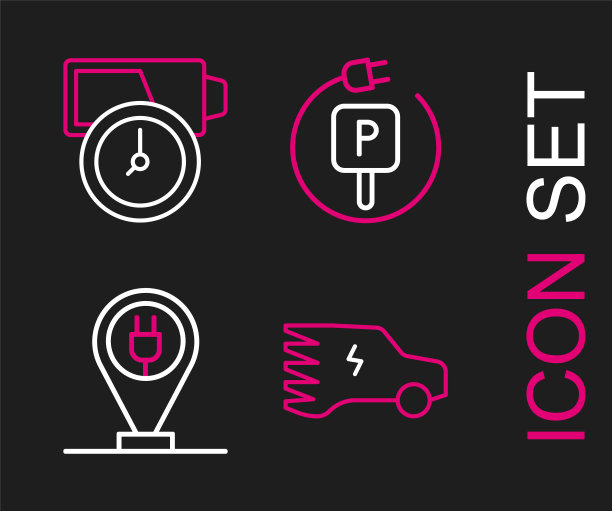 设置线路电动汽车，充电停车电动，和电池充电图标。向量图片下载