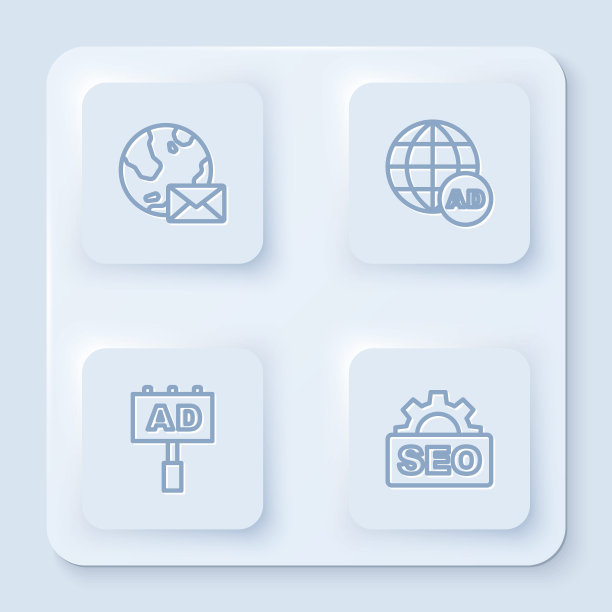 设置线地球与邮件，广告和SEO优化。白色方形按钮。向量图片下载