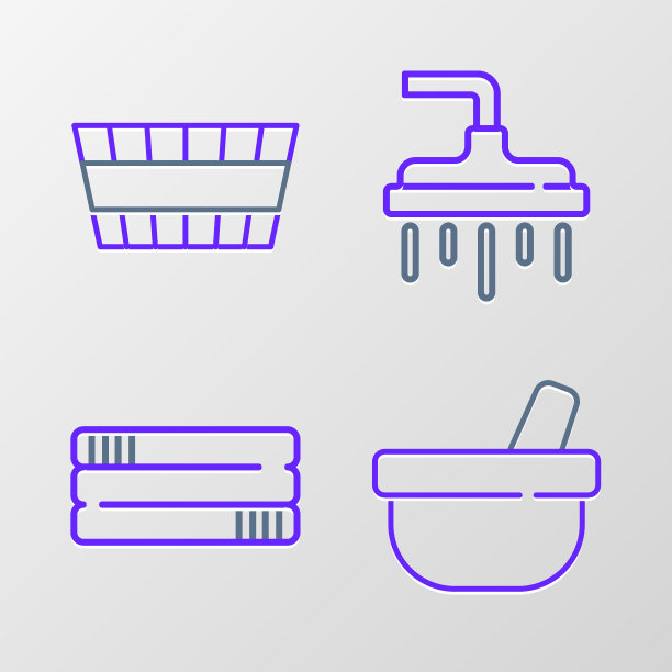 设置线臼和杵，毛巾堆，淋浴头和桑拿桶图标。向量图片下载