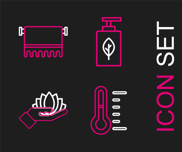 设置线桑拿温度计，莲花，精油瓶和毛巾在衣架图标。向量图片下载