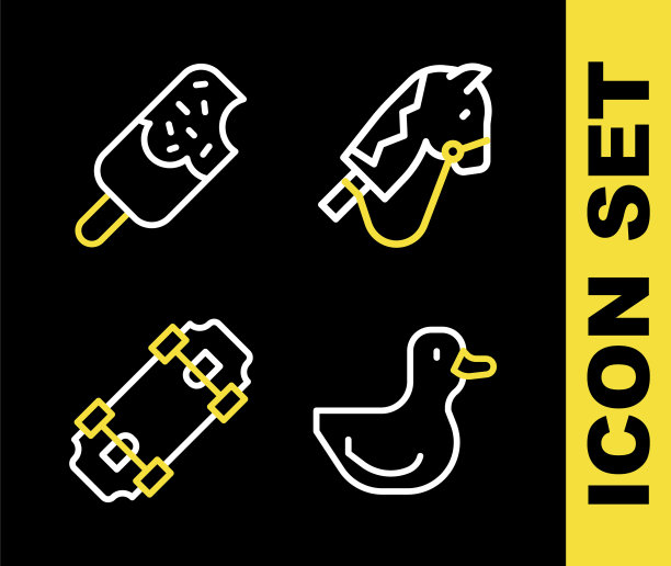 集线玩具马，橡皮鸭，滑板和冰淇淋图标。向量图片下载