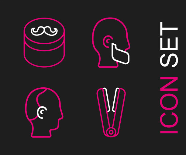 设定线卷发器的头发，秃顶，胡子和胡须和啫喱蜡造型icon。向量图片下载