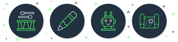 设置线铅笔与橡皮擦，机器人玩具，鼓鼓棒和海盗藏宝图图标。向量图片下载