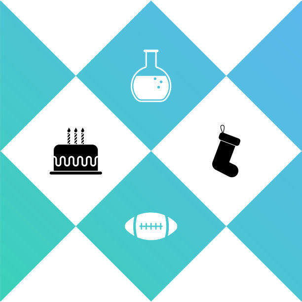 集蛋糕与燃烧的蜡烛，美式足球，试管烧瓶和圣诞袜子图标。向量图片下载