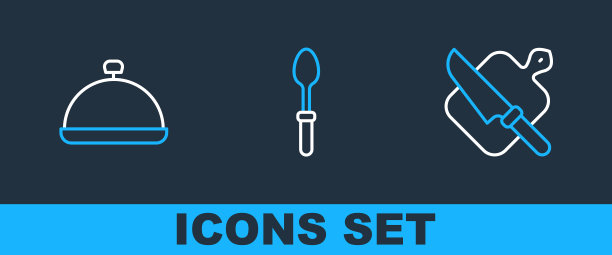 设置线砧板和刀，覆盖食物托盘和茶匙图标。向量图片下载