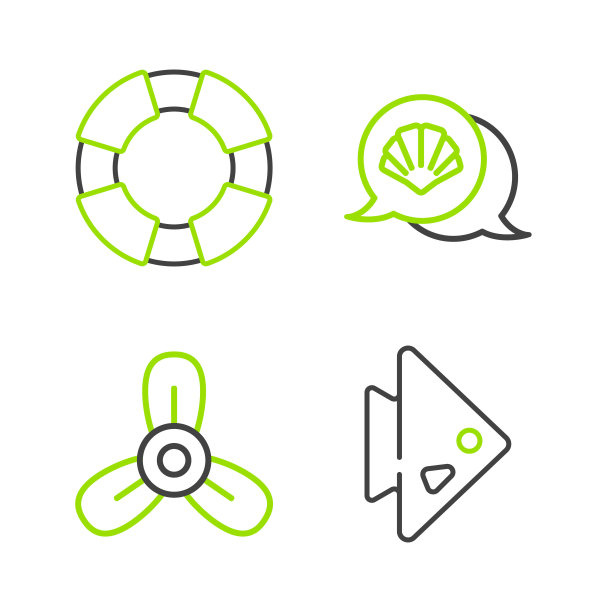 集线鱼，船螺旋桨，涡轮机，扇贝海壳和救生圈图标。向量图片下载