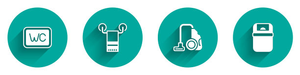 设置厕所，毛巾在衣架上，吸尘器和垃圾桶图标长阴影。向量图片下载