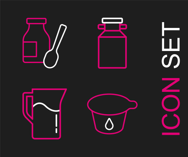 设定线酸奶容器，牛奶罐或水罐，牛奶罐和饮用酸奶瓶图标。向量图片下载