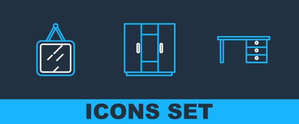 设置线办公桌，镜子和衣柜图标。向量图片下载