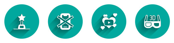 集电影奖杯，没有手机，浪漫电影和3D电影眼镜图标长阴影。向量图片下载