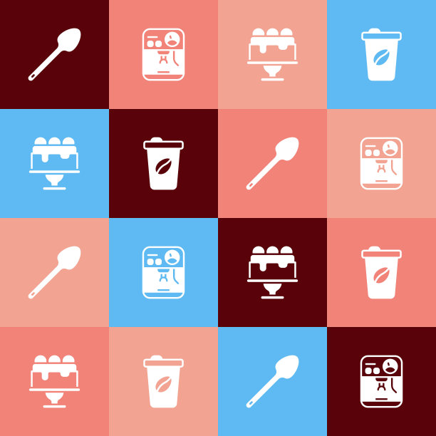 设置流行艺术茶匙，咖啡机，蛋糕和杯子去图标。向量图片下载