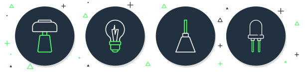 设置线路灯泡，吊灯，台灯和发光二极管图标。向量图片下载